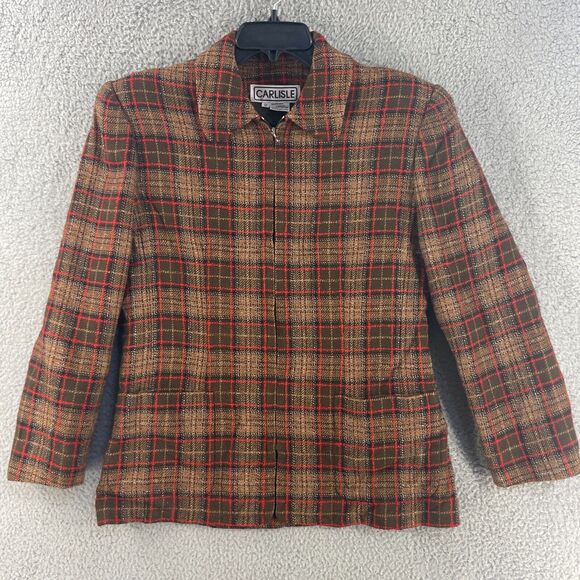 Vtg Carlisle Womens Blazer Jacket Wool Blend Tweet Plaid Sz 12 Zip Boho Office - Picture 10 of 10